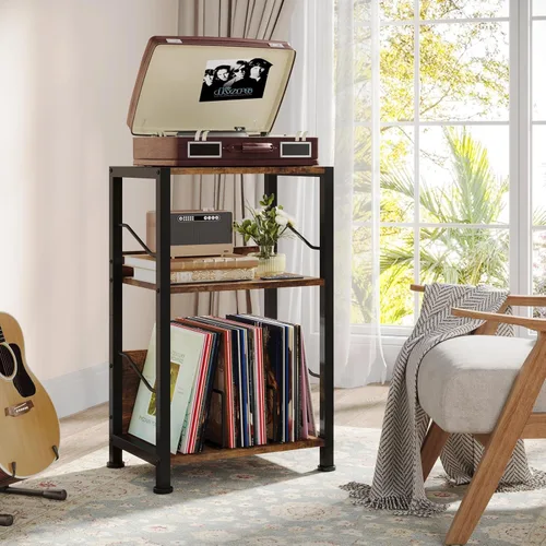 Miniatura 2 de Hosfais - Soporte para tocadiscos de 3 niveles, mesa de almacenamiento para discos de vinilo retro para sala de estar y dormitorio (marrón)