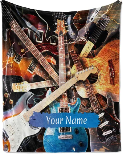 Miniatura 29 de Jekeno Regalos personalizados de guitarra para mujeres y hombres, impresión de manta de guitarra, manta personalizada con nombre, mantas de franela