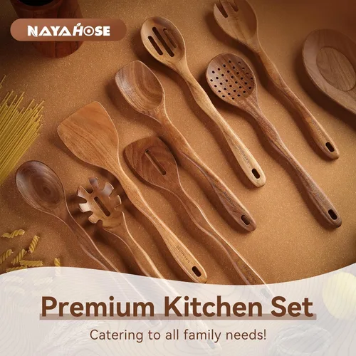Miniatura 3 de 10 piezas de cucharas de madera para cocinar con reposa cucharas y soporte, juego de utensilios de cocina de madera de 12 pulgadas, utensilios