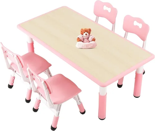 Miniatura 12 de FUNLIO Juego de mesa y 4 sillas para niños, juego de mesa y sillas ajustables en altura para niños de 3 a 8 años, mesa fácil de limpiar para Azul