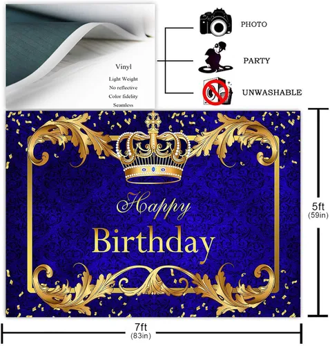 Miniatura 2 de Avezano Telón de fondo de fiesta de cumpleaños de príncipe para niño, corona de rey azul real y dorado, decoración de fiesta, fondo de fotografía