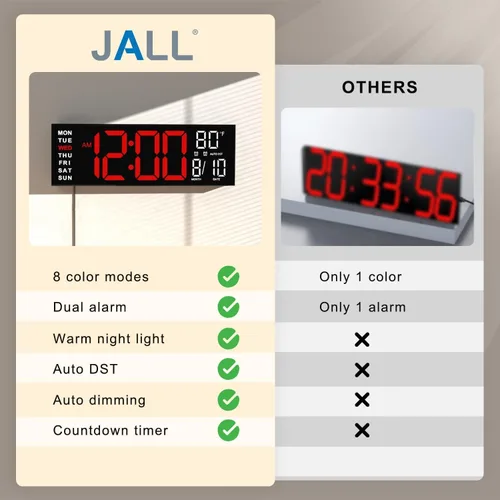 Miniatura 8 de JALL Reloj digital grande de montaje en pared de 16 pulgadas, temporizador de cuenta atrás, alarma, LED grande, color RGB, DST, temperatura
