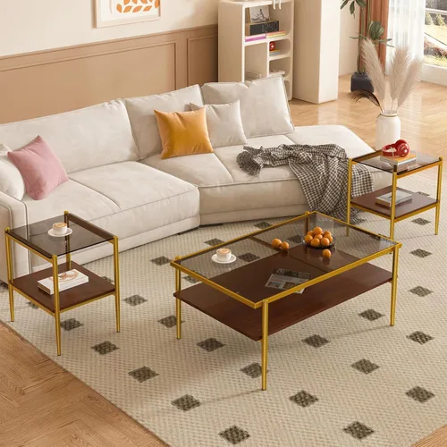 Miniatura 14 de ODUSE-DAILY Juego de mesa auxiliar y mesa auxiliar de 3 piezas, marco de metal negro, mesa auxiliar superior de cristal, estante superior cuadrado
