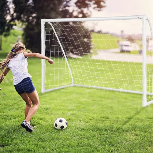 Miniatura 7 de GYMAX Portería de fútbol, porterías de fútbol para patio trasero con red para todo tipo de clima, estaca de tierra y bridas de cremallera, marco