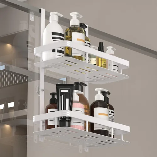 Miniatura 2 de Organizador de ducha blanco para colocar sobre la puerta, organizador de baño a prueba de óxido, estante de almacenamiento de 2 niveles, estantes