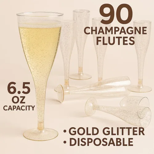 Miniatura 2 de Paquete de 90 copas de champán de plástico desechables de 6.5 onzas con purpurina dorada, resistentes a los golpes, vasos de mimosa para bodas