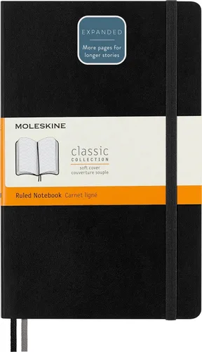 Moleskine - Cuaderno clásico expandido, tapa suave, grande (5 x 8.25 pulgadas), a rayas/forrado, color negro, 400 páginas