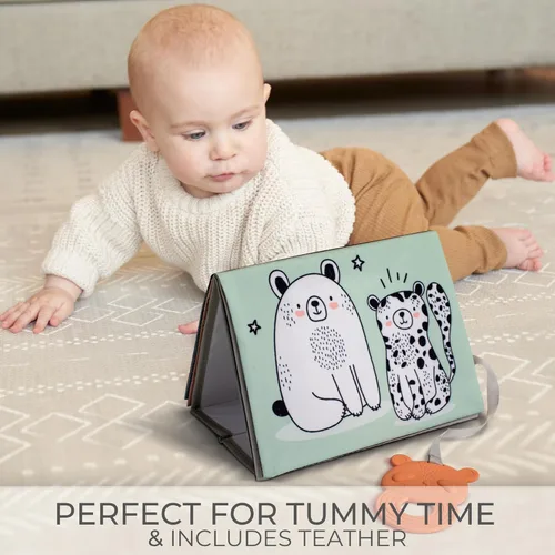 Miniatura 3 de Libro de tiempo de barriga suave con espejo estimulante seguro para bebés - Divertido juguete Montessori en blanco y negro con relleno arrugado y 20