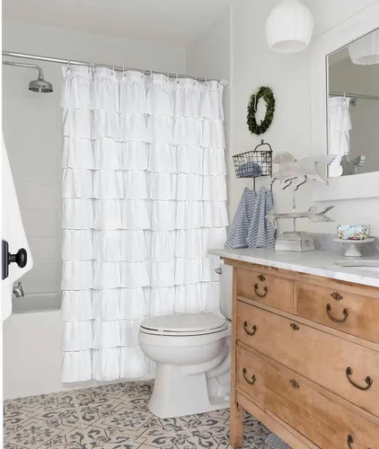 Miniatura 5 de Volens - Cortina de ducha de tela blanca con volantes para baño, 70 pulgadas de largo Blanco