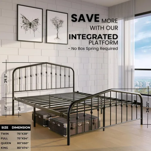 Miniatura 4 de AMBEE21 Golden Gate - Base de cama de metal con cabecera y estribo de hierro forjado victoriano antiguo (negro, matrimonial, Washington)