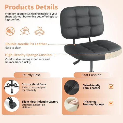 Miniatura 5 de Silla de escritorio de oficina en casa sin brazos – Pequeñas sillas giratorias de escritorio de oficina con ruedas – Silla de computadora de piel