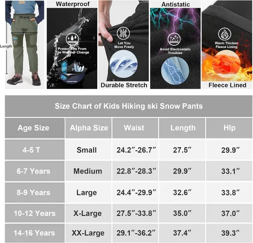 Miniatura 7 de linlon Pantalones cargo de senderismo para niños y jóvenes, impermeables, con forro polar suave y forro polar, pantalones de nieve aislados, Nieve
