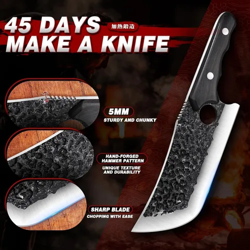 Miniatura 3 de TIJERAS Juego de cuchillos de carnicero para cortar carne, juego de 3 cuchillos de cocina forjados a mano con mango ergonómico, cuchillo de hueso