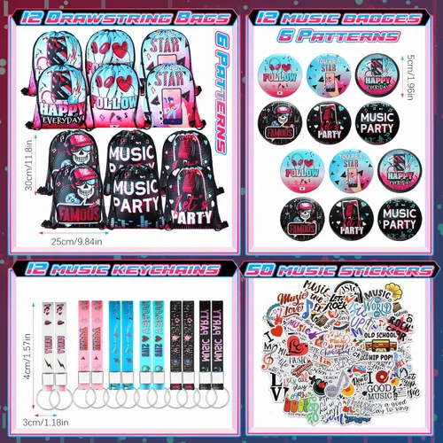 Miniatura 2 de Jexine El kit de 128 piezas de suministros para fiestas musicales incluye 12 pulseras de silicona, 12 llaveros, 12 insignias, 12 lápices, 12 bolsas
