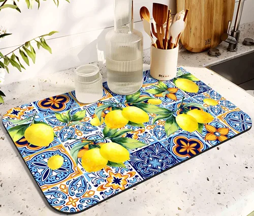 Miniatura 15 de Tapete de secado de platos para encimera de cocina 20x12 pulgadas, tapete de secado rápido de platos lavable, tapete de drenaje absorbente con Limón
