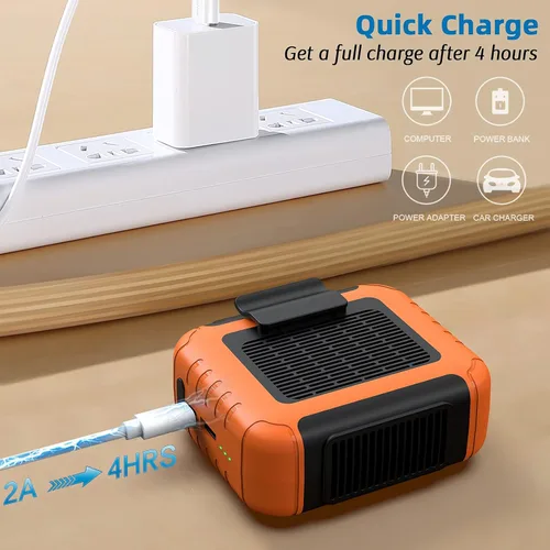 Miniatura 7 de Mini ventilador de cintura portátil recargable con tiempo de trabajo de 23 horas, flujo de aire fuerte de 6200 RPM, 3 niveles de velocidad, Naranja