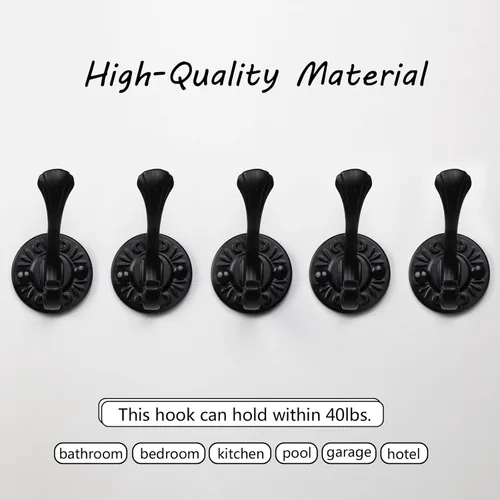 Miniatura 6 de 5 ganchos negros para abrigos montados en la pared, ganchos de pared negros mate con tornillos, ganchos de metal negro mate para toallas para baños