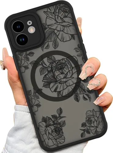 Miniatura 13 de AIGOMARA Funda para iPhone 13 Pro Max [compatible con MagSafe] Diseño de patrón floral de flores negras para mujeres y niñas, TPU suave, parte