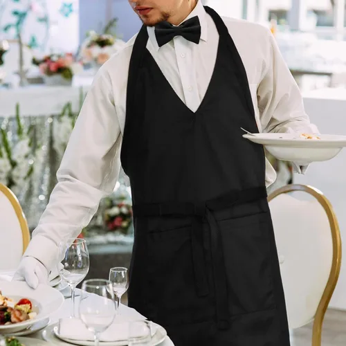 Miniatura 3 de 2 juegos de delantales unisex con cuello en V, delantales de esmoquin negros, delantales formales con babero, delantales ajustables para eventos