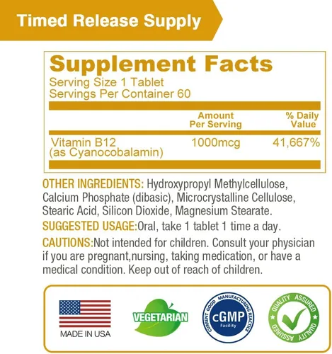 Miniatura 5 de LOVITA Vitamina B12 de liberación sostenida 1000 mcg (como cianocobalamina), liberación programada, 60 tabletas veganas para apoyo a la salud