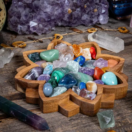 Miniatura 8 de Bandeja de exhibición de cristal Lotus – Muestra tus gemas, piedras curativas y tesoros – Cuenco de madera para rocas de 8 x 8 pulgadas, soporte