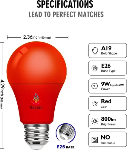 Miniatura 5 de Bombilla roja, 9 W (equivalente a 60 W), bombilla LED roja con base E26, decoración de fiestas, porche, iluminación del hogar, iluminación navideña