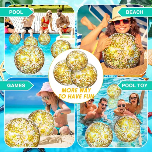 Miniatura 7 de Lewtemi 12 bolas de playa con confeti con purpurina a granel, bolas inflables grandes de 16 y 24 pulgadas para piscina con lentejuelas, decoraciones