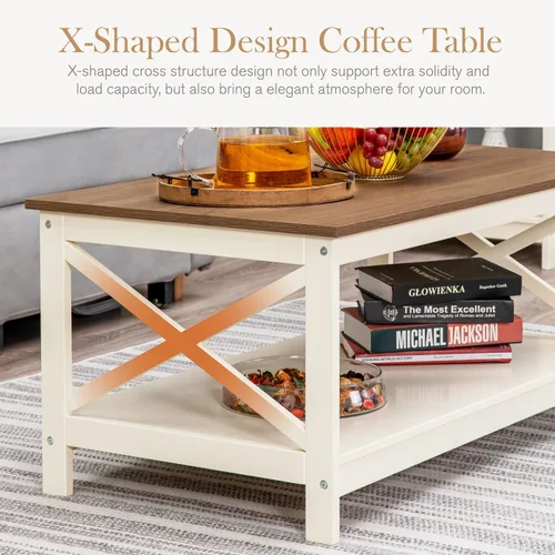 Miniatura 6 de MFSTUDIO Mesa auxiliar de granja con estante de almacenamiento abierto, mesa central de madera de 2 niveles para sala de estar, mesa de cóctel