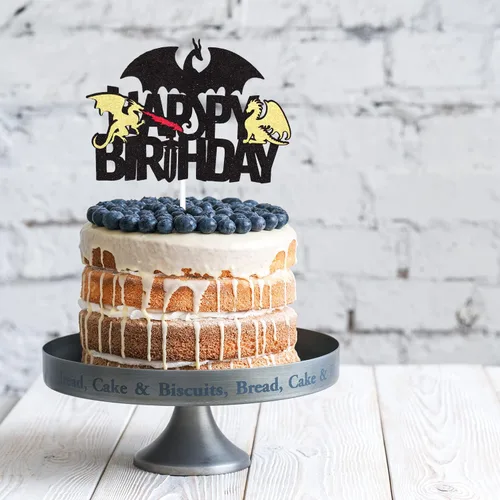 Miniatura 3 de Decoración para pastel de cumpleaños con purpurina negra de dragón de fuego, juegos de decoración de fiesta de dragón para niños y hombres