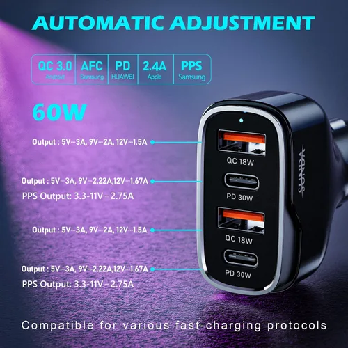 Miniatura 2 de SUNDA Cargador de Coche USB C Rápido de 60W Adaptador de Carga de Coche de 4 Puertos Dual Tipo C PD30W/PPS30W Compatible con iPhone 17/16
