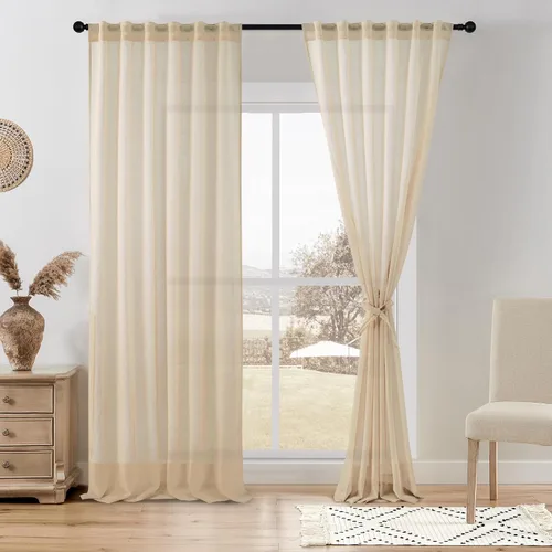 Miniatura 20 de DWCN Cortinas traslúcidas de lino floral, bolsillo para barra y pestaña trasera, cortina de mezcla de lino para dormitorio, sala de estar, cortinas