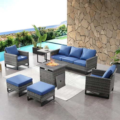 Miniatura 52 de HUMMUH Juego de 2 sillas giratorias para patio, mimbre de polietileno, para exteriores, bistró, porche, balcón, muebles con cojines Gris/gris