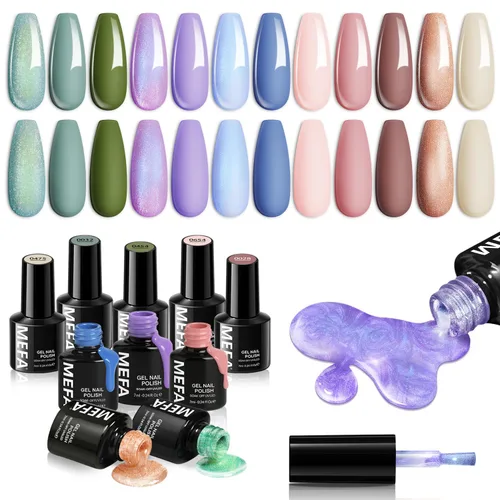 Miniatura 16 de MEFA - Juego de esmalte de uñas de gel azul, 6 colores, azul marino, zafiro, azul, brillantina, tonos oscuros, juego de iniciación, gel brillante