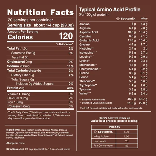 Miniatura 3 de Spacemilk Chocolate Mousse - Proteína vegana en polvo, 0.71 onzas de proteína completa, PDCAAS 1.0, cero azúcar, sin alérgenos, sin lácteos, sin