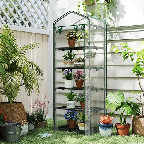 Miniatura 8 de Giantex Mini invernadero para interiores y exteriores, 27 x 19 x 75 pulgadas, casa portátil de cultivo de plantas con estantes de 5 niveles
