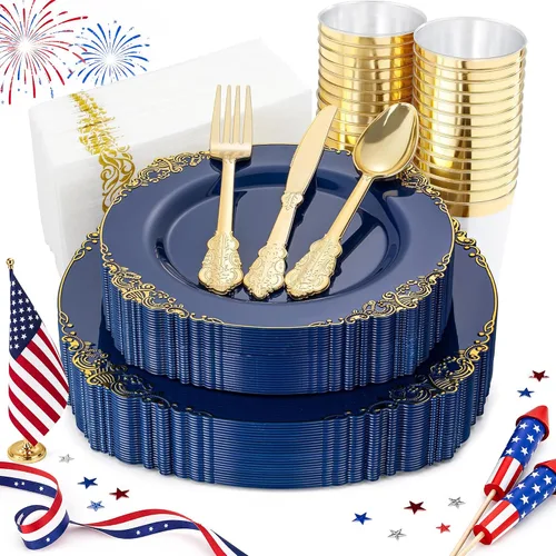 Nervure 175 piezas de vajilla de plástico azul - Juego de vajilla de plástico azul dorado desechable incluye 50 platos para cena y postre, 25 Azul
