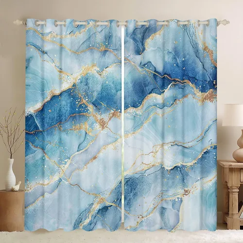 Miniatura 28 de Feelyou Cortinas abstractas para dormitorio, sala de estar, cortinas opacas de oscurecimiento negro y azul, con estampado de mármol, 2 paneles de 38