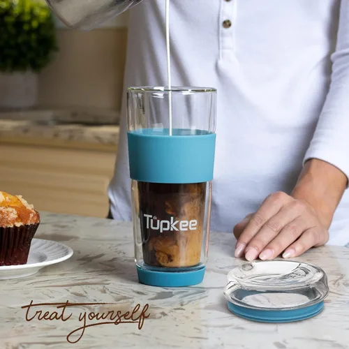Miniatura 3 de Vaso de vidrio de doble pared, 14 onzas, vaso reutilizable aislado de vidrio para té/café con tapa, soplado a mano, taza de viaje - Niagara