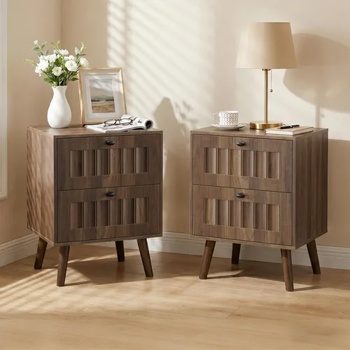 Miniatura 12 de Wood Nightstand Set of 2, Modern Bedside Table with Grille Design, End Side Table with 2 Drawers Storage for Living Room, Bedroom, Oak