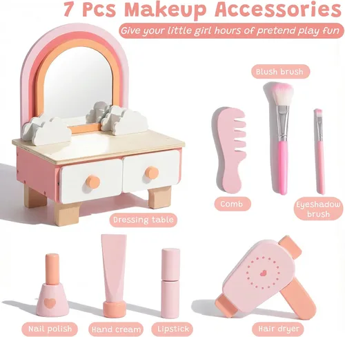 Miniatura 2 de Juego de tocador de madera para niños, juego de simulación con espejo, juego de salón de belleza, incluye accesorios de maquillaje, regalo