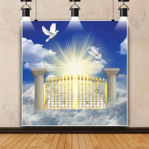 Miniatura 20 de Telón de fondo del cielo de 5x3 pies Puerta del cielo Puerta del paraíso Fondo fotográfico para niños, alfombra de baby shower, pancarta