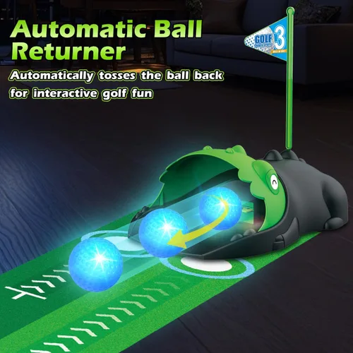 Miniatura 2 de TERRAMUS Juego de golf 3 en 1 para niños con devuelvedor automático de dinosaurio, tablero de Cornhole de golf, bolas con luz LED, alfombra de putt