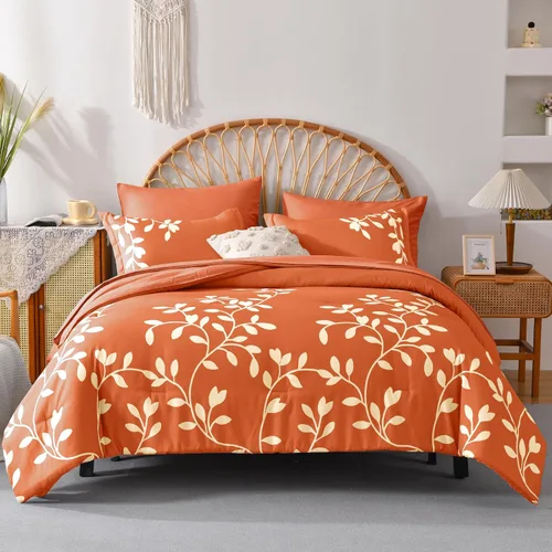 Miniatura 2 de Juego de edredón tamaño Queen de 7 piezas - Juego de edredón con estampado floral botánico en naranja, juego de edredón Queen con sábanas, ropa