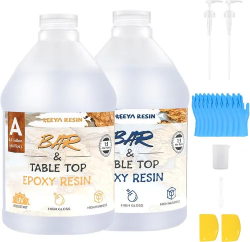 LEEYA RESIN Kit de resina epoxi con bombas de 1 galón, resina epoxi transparente para mesa, ultra brillante, autonivelante resina epoxica para mesa