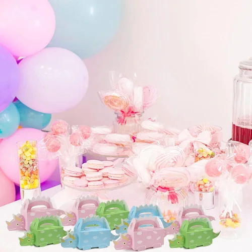 Miniatura 7 de 50 cajas de regalo de dinosaurio verde para niños, decoración de baby shower, bolsa de golosinas de papel, caja de dulces para primer cumpleaños