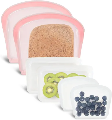 Miniatura 12 de Bolsas de almacenamiento de silicona reutilizables, paquete de 4 bolsas para bocadillos y sándwiches, bolsas de silicona duraderas con cierre