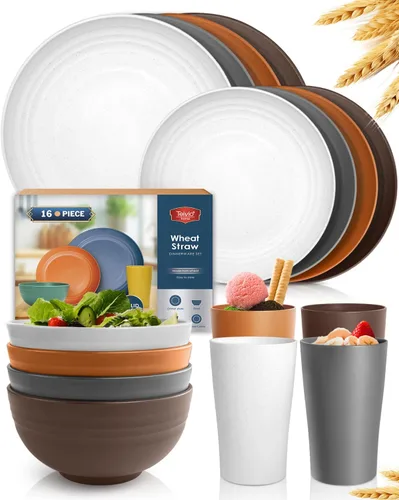 Miniatura 15 de Teivio Juego de vajilla de plástico de paja de trigo de 16 piezas, servicio para 4, platos de cena, plato de postre, tazones para cereales, tazas