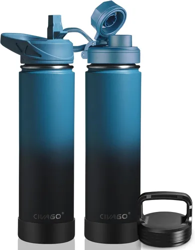 Miniatura 12 de CIVAGO Botella de agua aislada de 22 onzas con pajita, frasco de agua deportiva de acero inoxidable con 3 tapas
