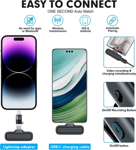 Miniatura 3 de Paquete de 2 micrófonos inalámbricos Lavalier para iPhone y Android, micrófono con clip de reducción de ruido Plug and Play con funda de carga