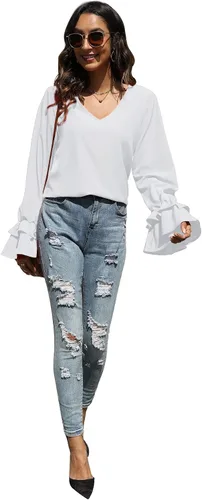 Miniatura 6 de LYANER Blusa casual de manga larga con cuello en V y volantes para mujer